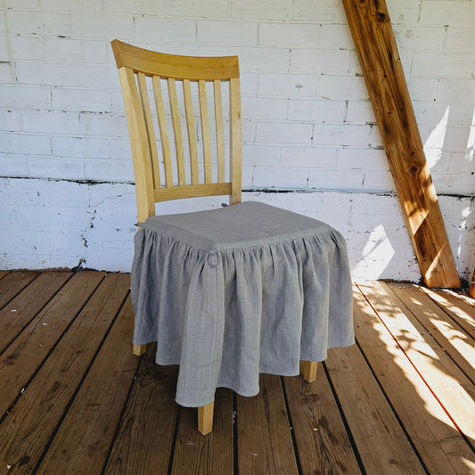 Dining Chair Cover in linen , French Large Linen Chair Seat Covers with 4 sided Ruffle in Natural Flax Color Chair Pad With Ties
