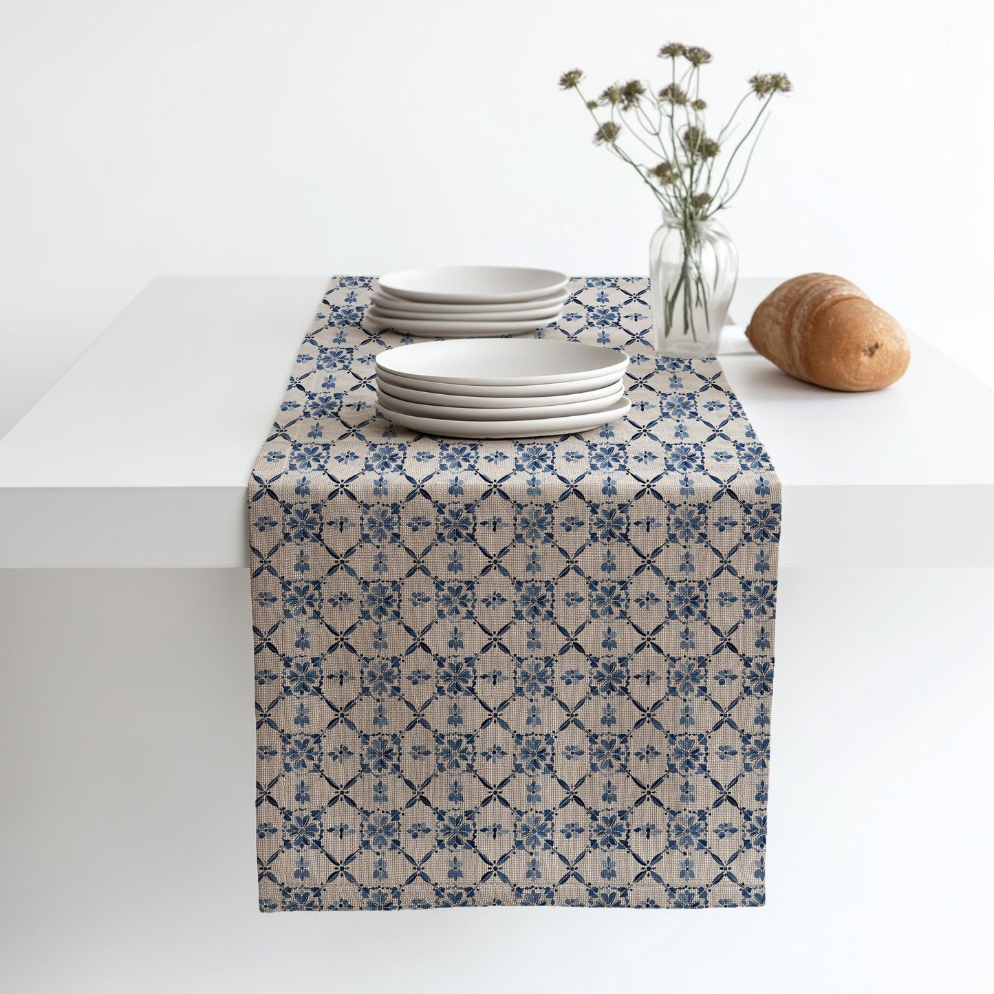 Coastal Linen runner - Swedish tile block print natural linen - indigo blue Rustic linen Marine Cottage farmhouse country style