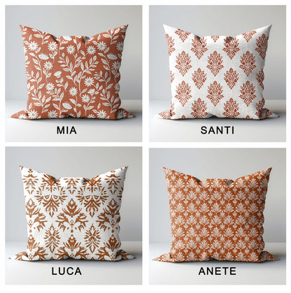 Modern rust linen Floral Pillow Cover, white rust Boho Pillow block print on linen, Coutrynome block printed pillow case in European flax