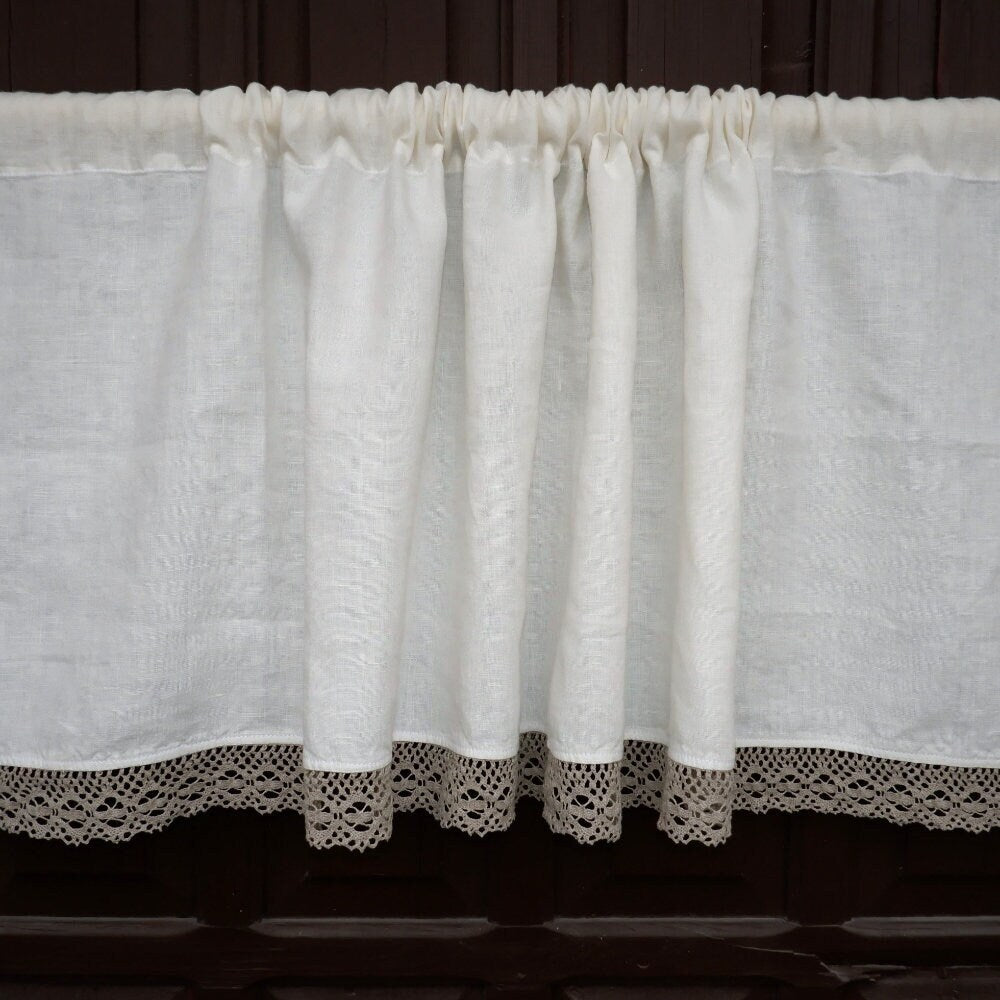 Custom size  Valance WHITE with laces, Farmhouse Pure linen window treatment, Living room Cafe Kitchen window panel, farmhouse curtains