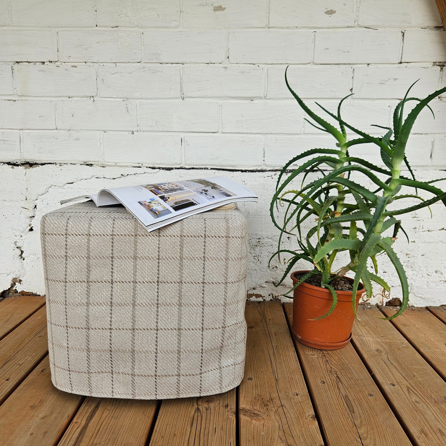 ottomanslip cover in linen in check