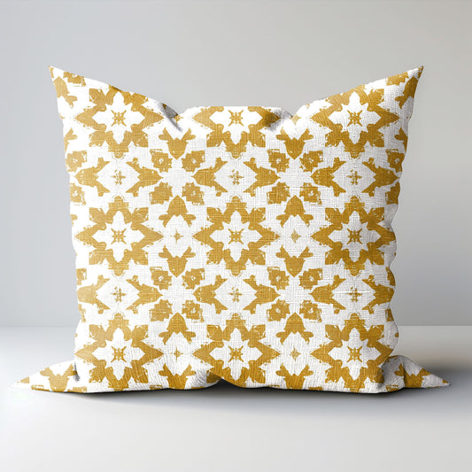 Designer Mustard yellow Floral on Linen Pillow Cover, white yellow mustard Boho Pillow, Farmhouse Floral Block printed pillow on flax