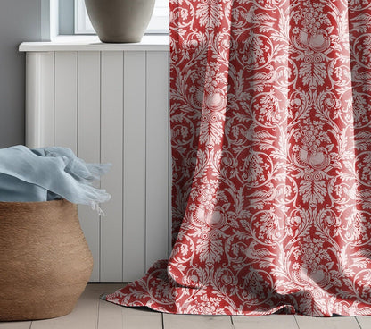 Wiliam Morris pattern Queen Anne curtains in linen in red
