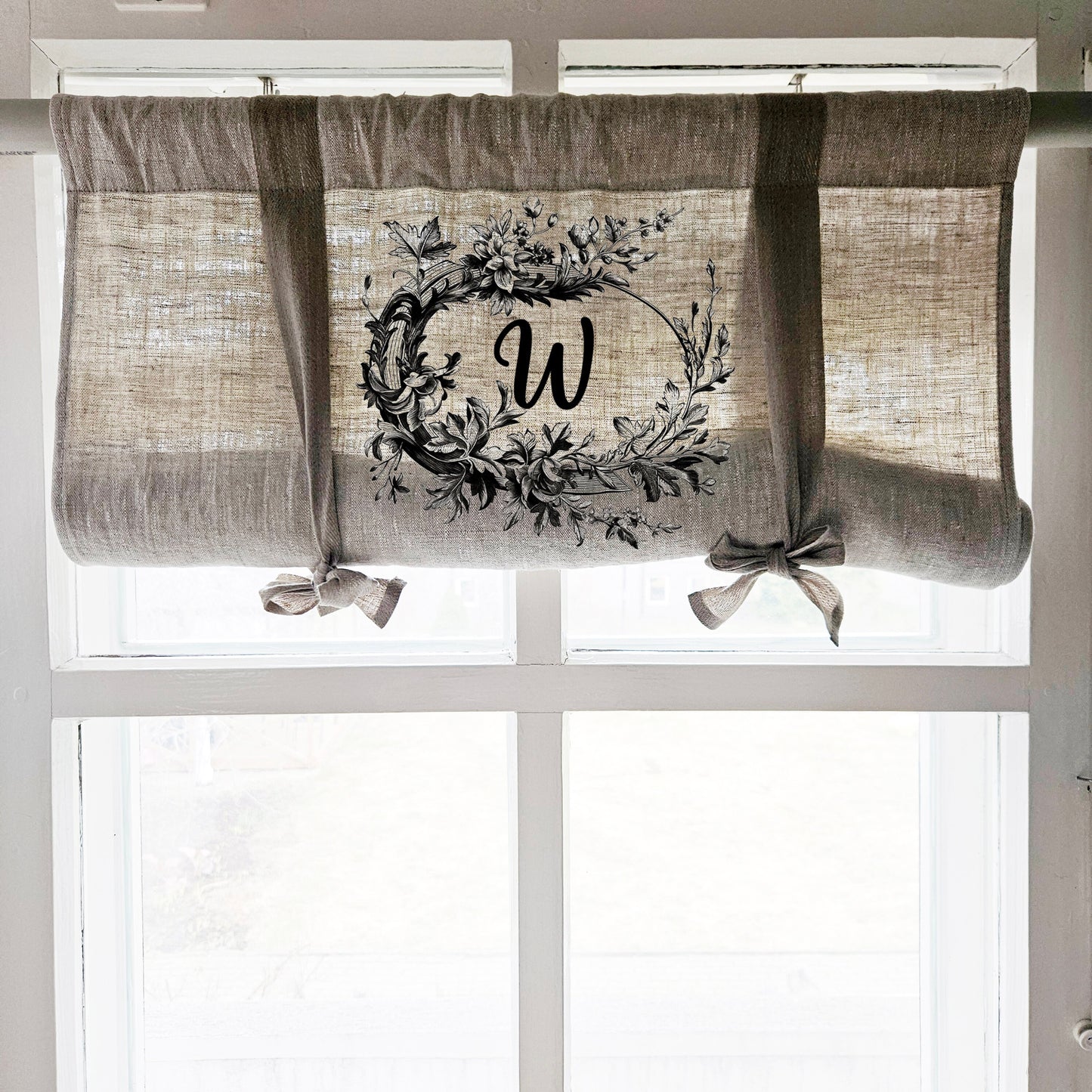 Monogramed Linen curtains valance with tie up with French Country Stamp , farmhouse kitchen curtains, door curtains  in custom size