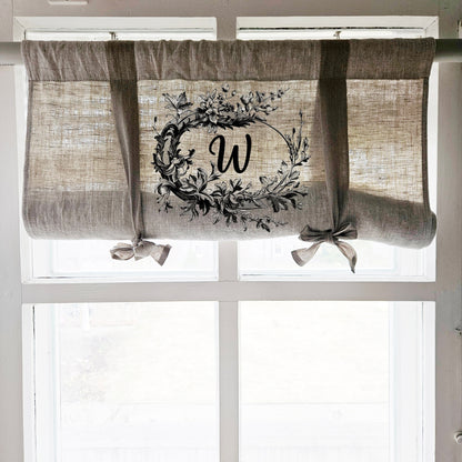 Monogramed Linen curtains valance with tie up with French Country Stamp , farmhouse kitchen curtains, door curtains  in custom size