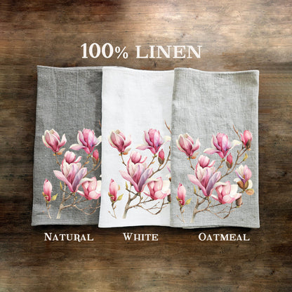 Magnolia Tea Towel in linen, floral Hand Towels Tea, botanical Floral Dish Towel, Floral Kitchen Décor Tea Towel
