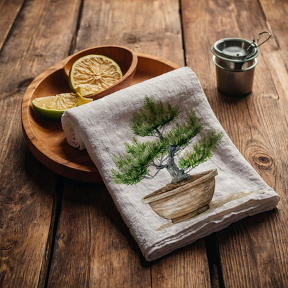 Japanese Tea Towel in linen Bonsai, Greenery white Hand Towels Tea, Farmhouse Dish Towel,  Kitchen Décor Tea Towel