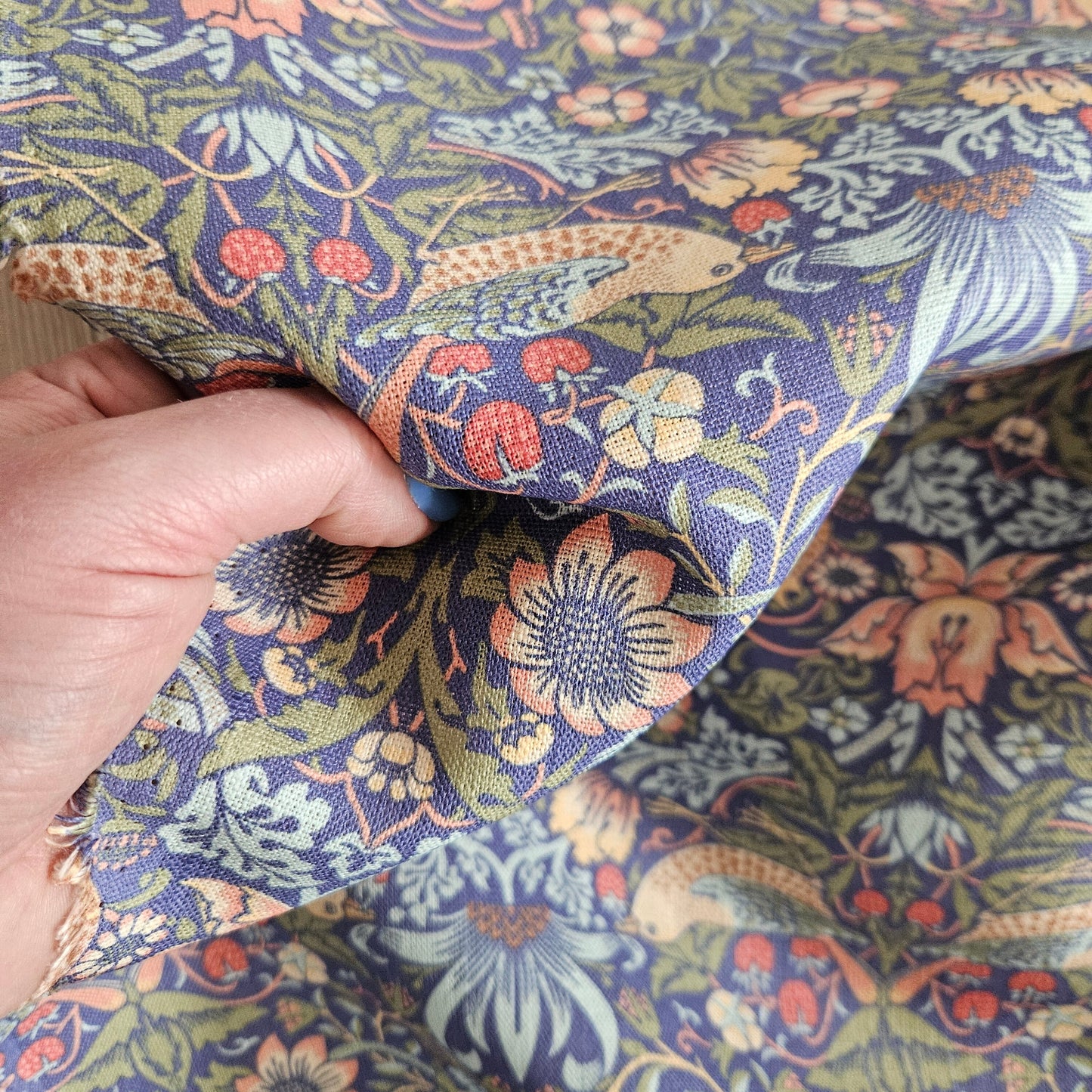 Linen foral tablecloth with birds, william Morris strawberry thief tablecloth, arts and crafts movement tablecloth