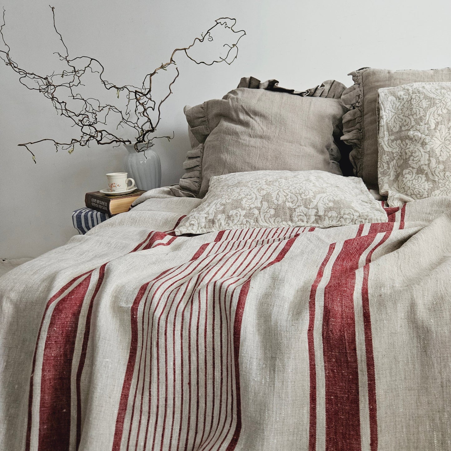 French linen Blanket, flax Bedspread - heavy weight huckaback linen bed cover - provence cottage coutrystyle Throw 100% Linen