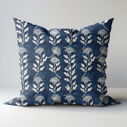 Modern indigo linen Floral Pillow Cover, white blue Boho Pillow block print on linen, Coutrynome block printed pillow case in European flax