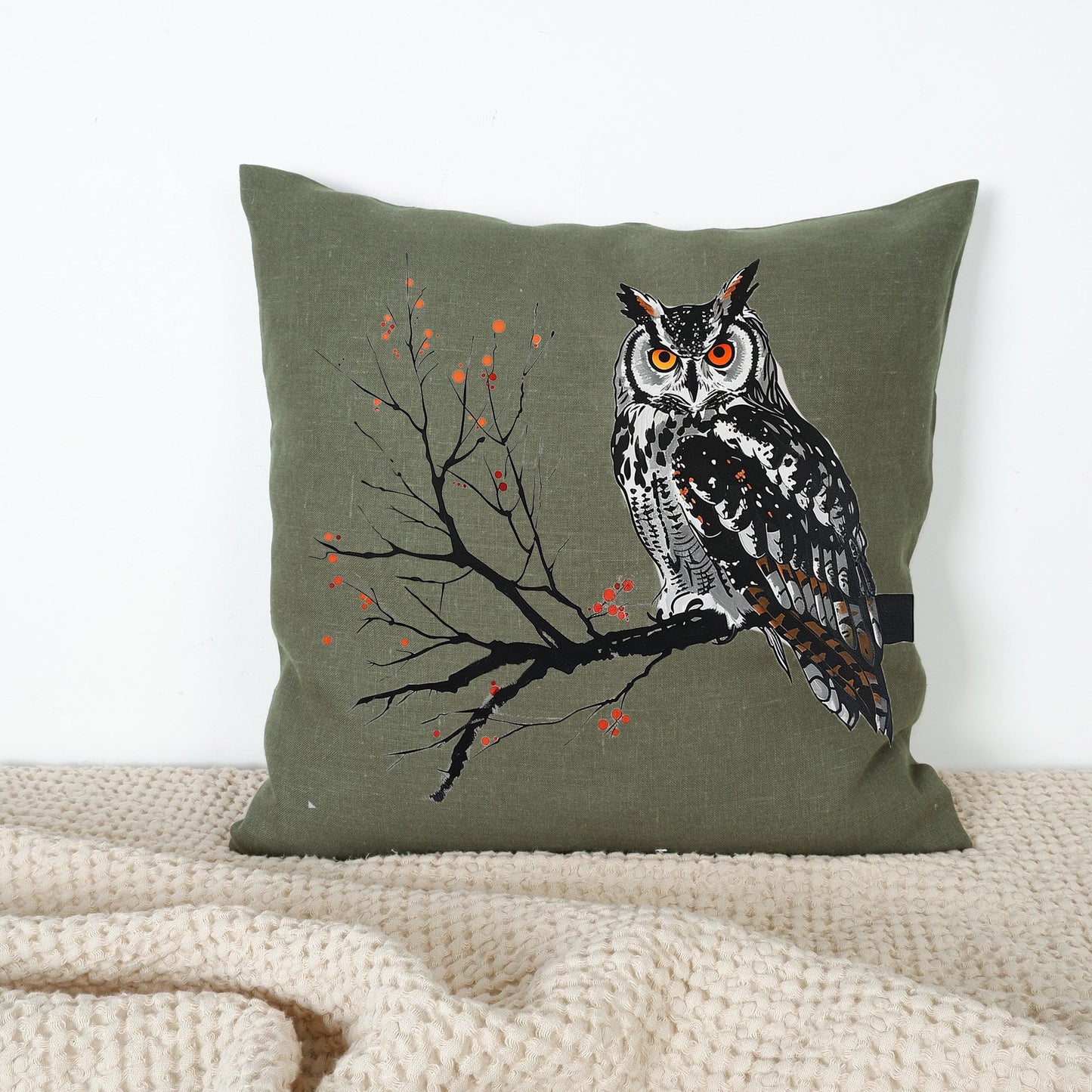 LINEN Cushion cover Nordic folk art with Owl, Owl decorative linen pillow cover , Bird decor Cushion Housewarming Gift