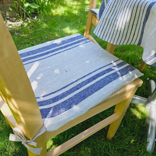 Linen Seat Cushion striped with ties - Striped Chair Pad Pillow - Natural French Style Heavy Weight 100% Linen Fabric french striped