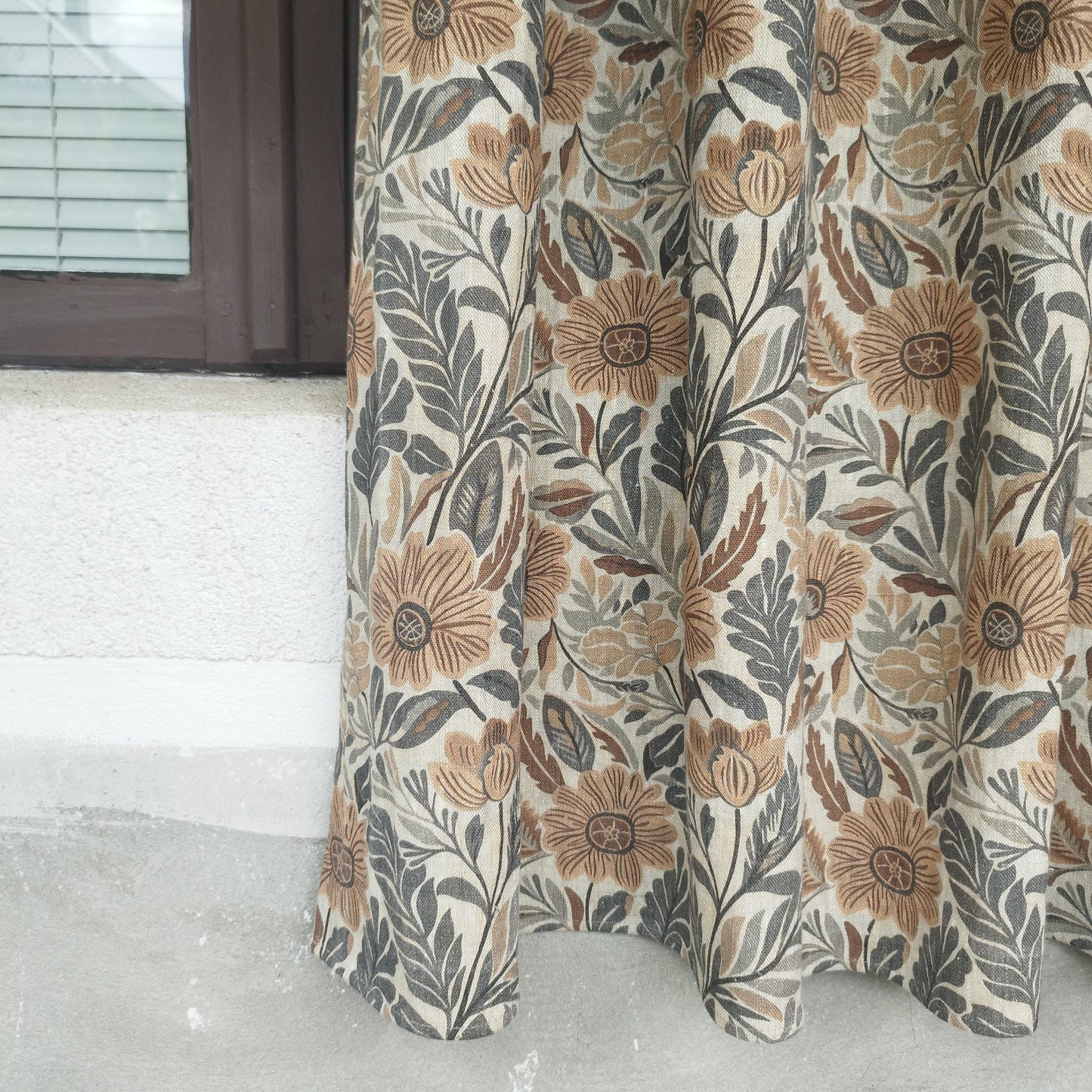 Curtains 100% Linen with botanical brown print PREWASHED. Japandi kitchen Living room linen window panel