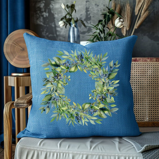 SALE LINEN Cushion cover in blue with greenery wreath , decorative linen pillow cover cushion