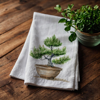 Japanese Tea Towel in linen Bonsai, Greenery white Hand Towels Tea, Farmhouse Dish Towel,  Kitchen Décor Tea Towel