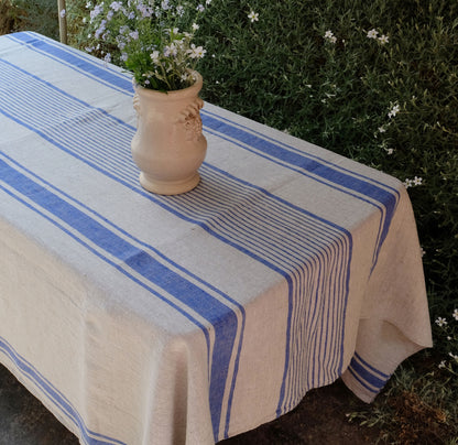 100% Linen tablecloth striped PREWASHED French table cloth rustic rectangle square oval Grey Blue country style Sack weave linen