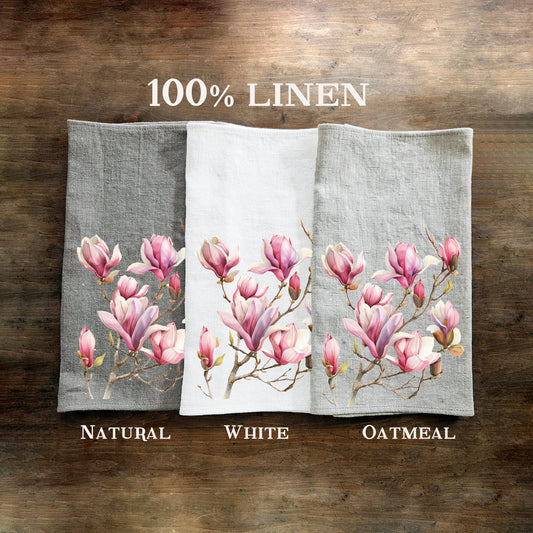 Magnolia Tea Towel in linen, floral Hand Towels Tea, botanical Floral Dish Towel, Floral Kitchen Décor Tea Towel