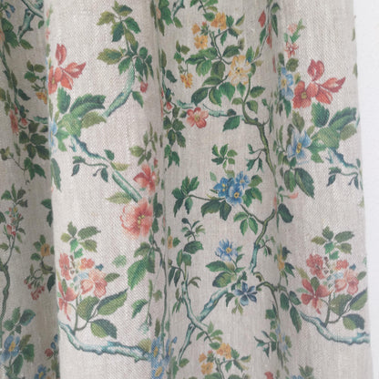 Curtains 100% Linen with botanical red green toile de jouy print PREWASHED. kitchen Living room farmhouse linen window panel