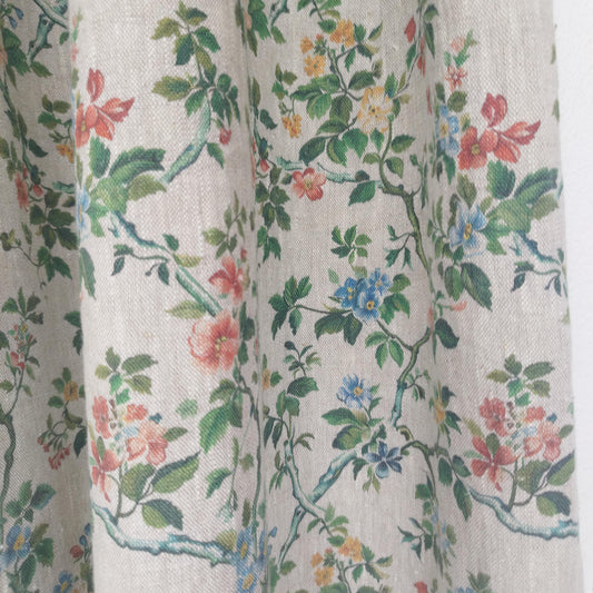 Curtains 100% Linen with botanical red green toile de jouy print PREWASHED. kitchen Living room farmhouse linen window panel