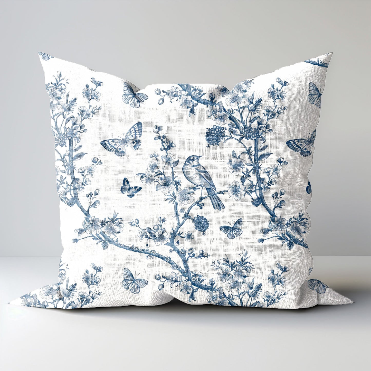 Designer blue Floral on Linen Pillow Cover, blue French toile de jouy Pillow in linen, Farmhouse Botanical printed pillow on flax with Birds