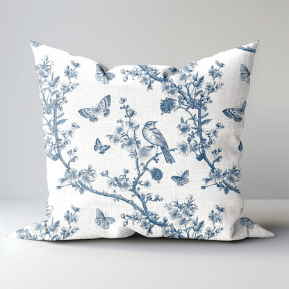 Designer blue Floral on Linen Pillow Cover, blue French toile de jouy Pillow in linen, Farmhouse Botanical printed pillow on flax with Birds