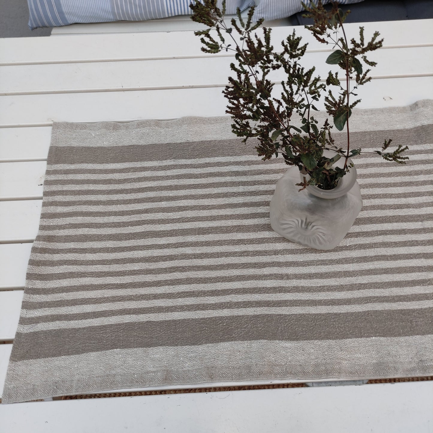 Linen runner - french sack linen. Grey blue striped Rustic linen Cottage farmhouse coutry style linen. Stonewashed. 100% linen Burlap