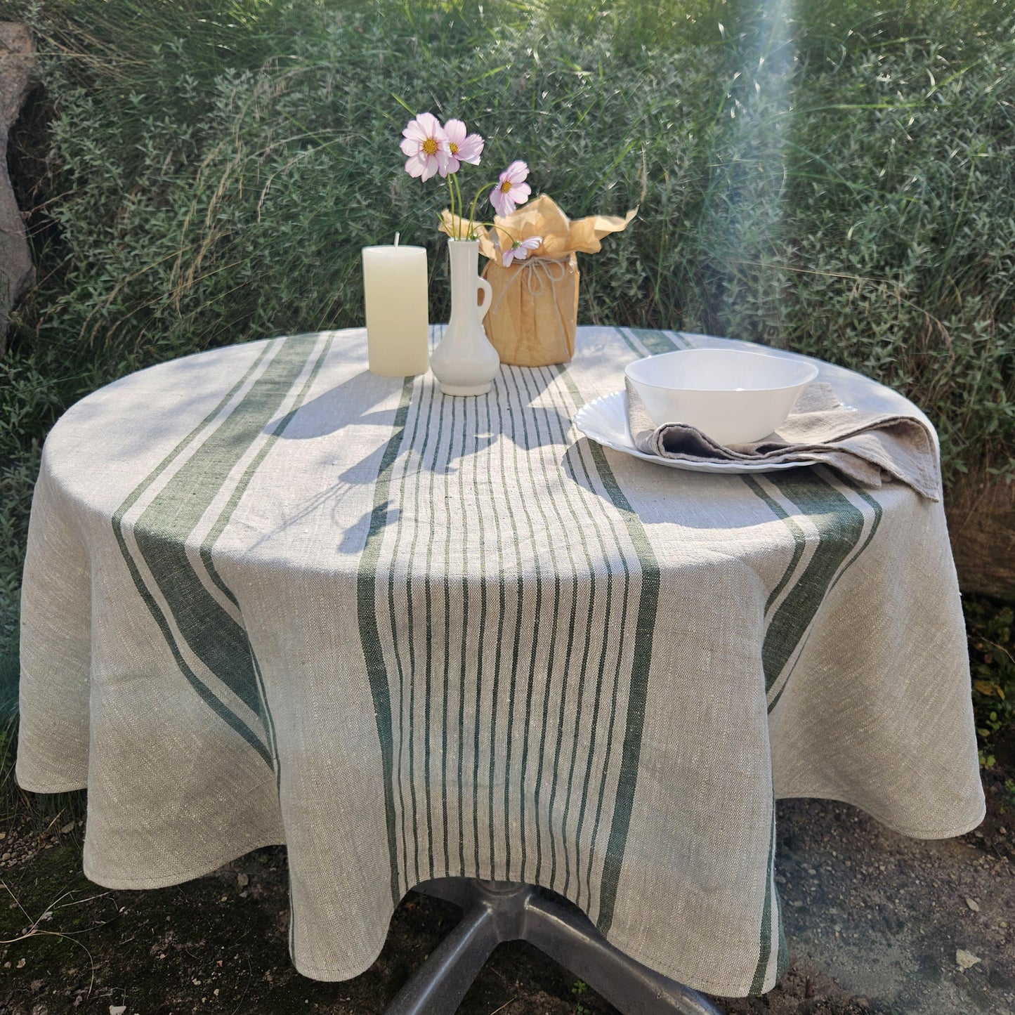 100% Linen Tablecloth in french Provance striped linen for Round table - Table cloth in Natural Linen in custom size neutral green stripes