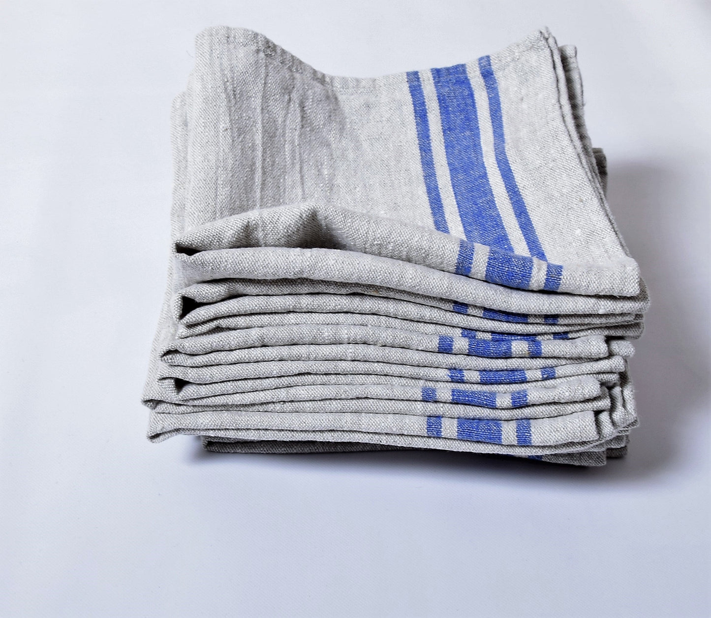 Linen napkins - French linen. Natural blue striped. Sack linen Cottage coutry style. Set of linen napkins. Stonewashed. Linen cloth napkins.