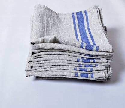 Linen napkins - French linen. Natural blue striped. Sack linen Cottage coutry style. Set of linen napkins. Stonewashed. Linen cloth napkins.