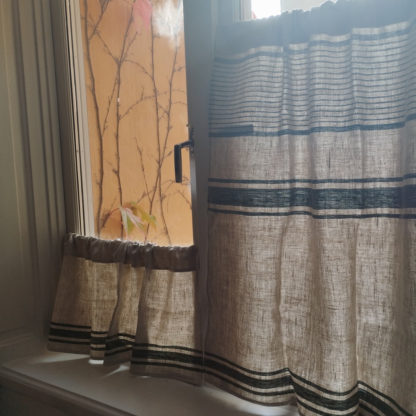 Ticking Valance - grey green - Farmhouse Pure linen window treatment - Living room Cafe Kitchen window panel - Grain sack farmhouse curtains