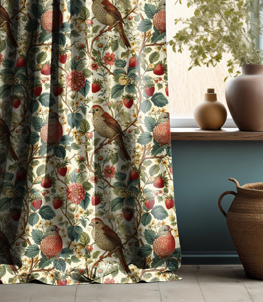 Floral with birds and strawberries Print Pattern Victorian Curtain Panels, Art and Crafts Rustic Country style Curtains for living room