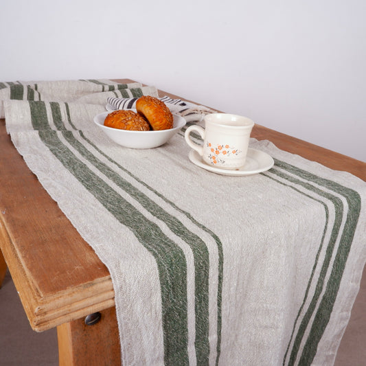 Linen runner - french sack linen. Green natur black striped Rustic linen Cottage farmhouse country style linen. Stonewashed. 100% flax