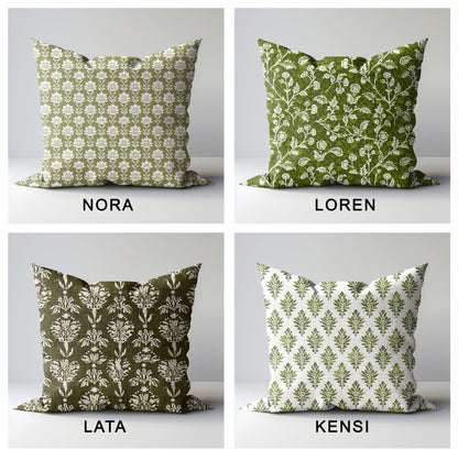Designer Olive Green Floral on Linen Pillow Cover, Dark Green Boho Pillow, Farmhouse Floral Block printed pillow