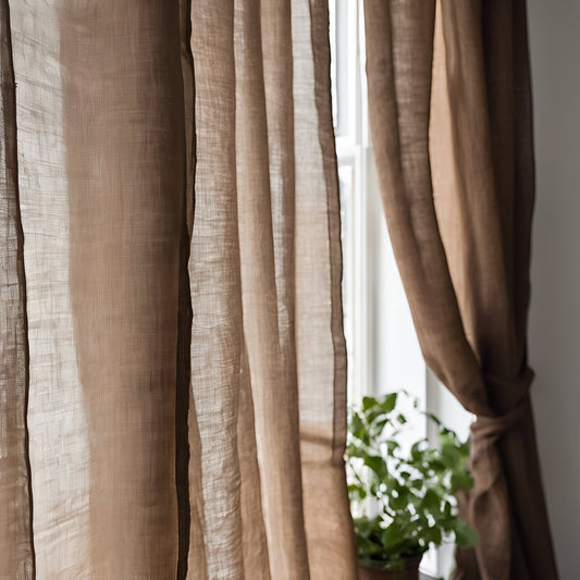 Sheer Linen Curtains, 100% linen Extra Long Curtains, Linen Curtains with rod pocket, brown PREWASHED Sheer window panel