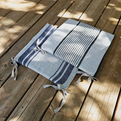 Linen Seat Cushion striped with ties - Striped Chair Pad Pillow - Natural French Style Heavy Weight 100% Linen Fabric