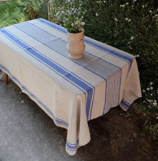 100% Linen tablecloth striped PREWASHED French table cloth rustic rectangle square oval Grey Blue country style Sack weave linen