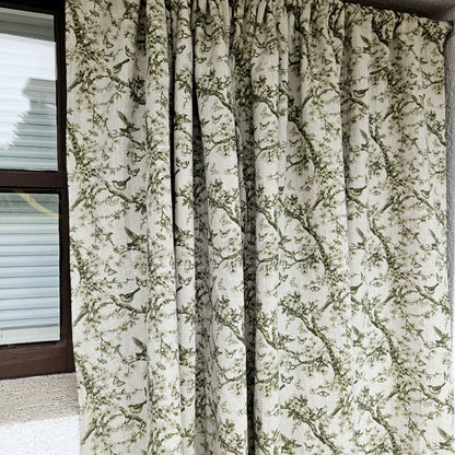 Curtains 100% Linen with French block print green toile de jouy pattern PREWASHED - kitchen Living room farmhouse window panel french linen
