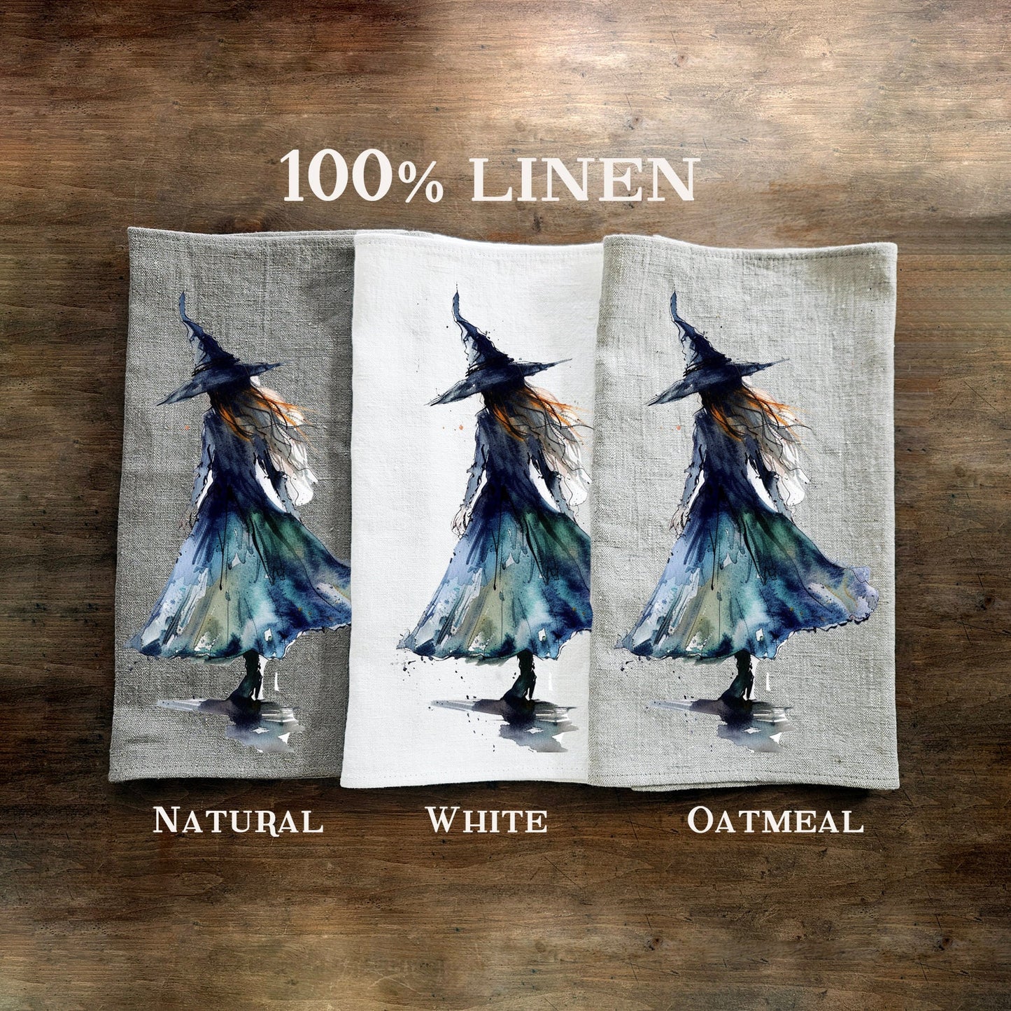 Halloween Tea Towel in linen, Witch Hand Towels Tea in linen, cats linen Dish Towel, witch hat Kitchen Décor Tea Towel in linen