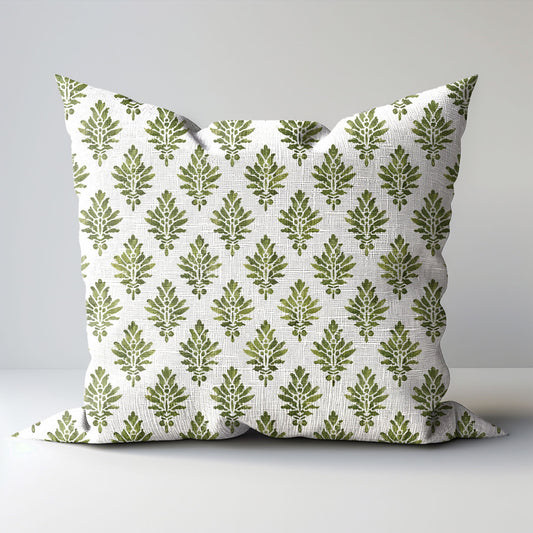 Designer Olive Green Floral on Linen Pillow Cover, Dark Green Boho Pillow, Farmhouse Floral Block printed pillow