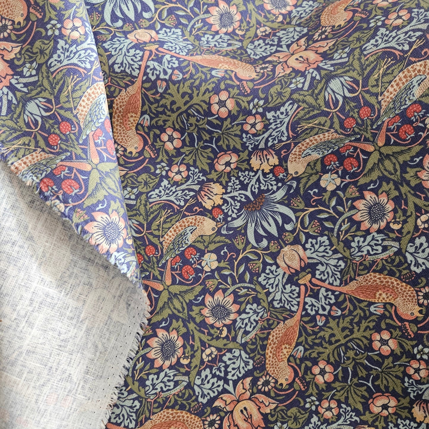 Linen foral tablecloth with birds, william Morris strawberry thief tablecloth, arts and crafts movement tablecloth