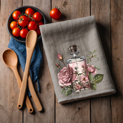 Pink Parfum Tea Towel in linen, floral roses Hand Towels Tea, black Frech Dish Towel, botanical parfum Kitchen Décor Tea Towel