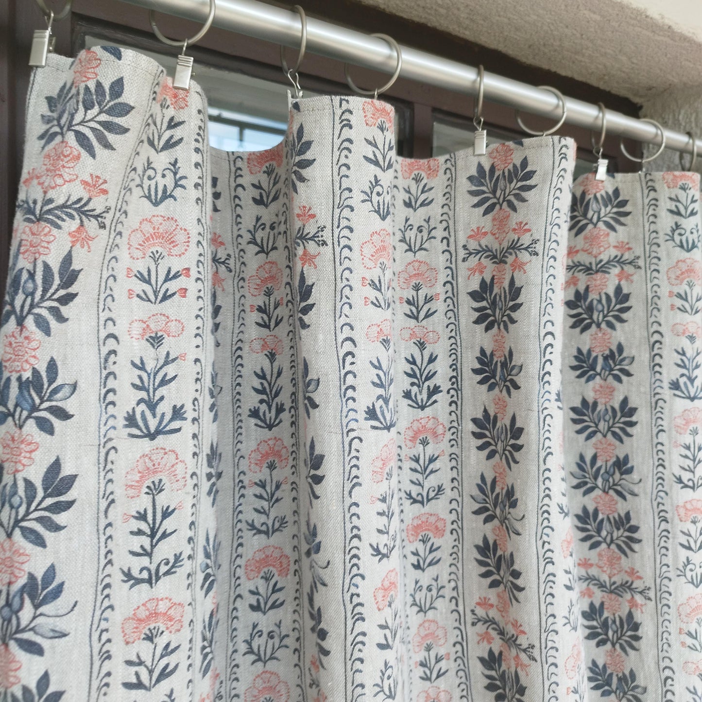 Curtains 100% Linen blue striped french print floral PREWASHED. kitchen Living room farmhouse curtains. Bedroom floral linen window panel