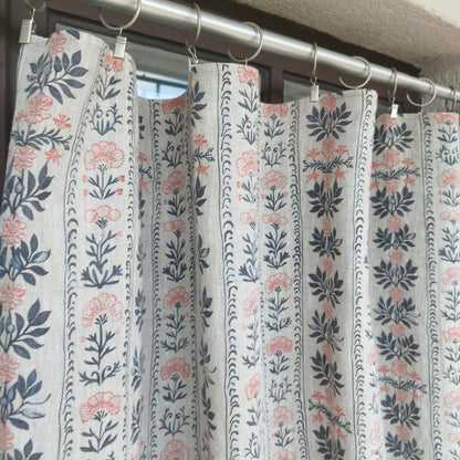 Curtains 100% Linen blue striped french print floral PREWASHED. kitchen Living room farmhouse curtains. Bedroom floral linen window panel