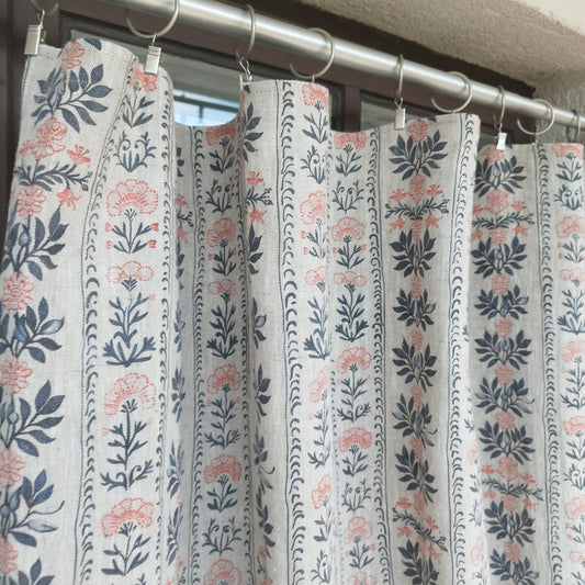 Curtains 100% Linen blue striped french print floral PREWASHED. kitchen Living room farmhouse curtains. Bedroom floral linen window panel