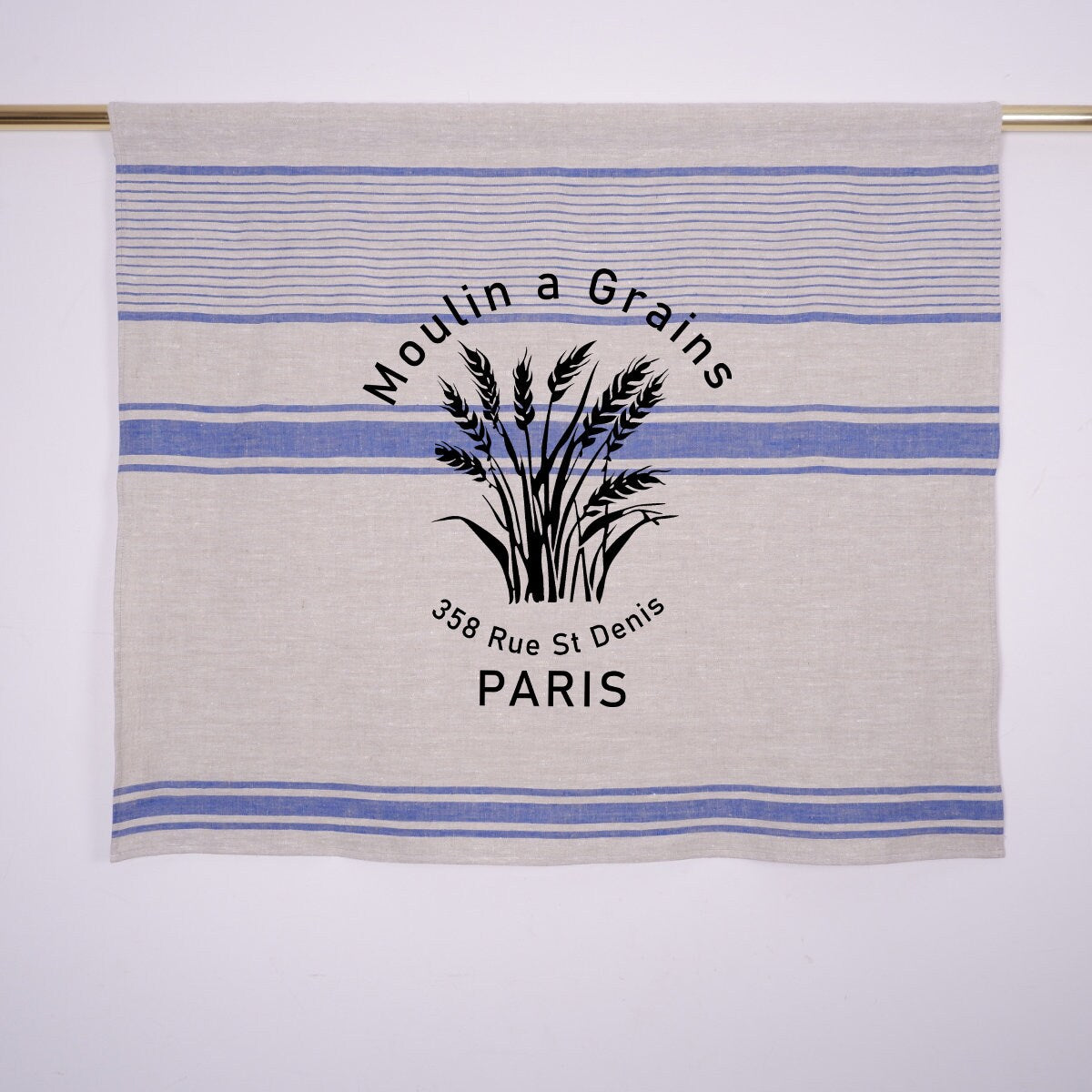 Natural grain sack Cafe Curtains with Moulin a grains stamp, Farmhous window panel in french country Proven style, Kitchen window curtain