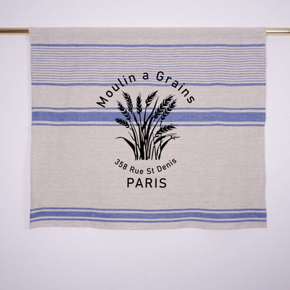 Natural grain sack Cafe Curtains with Moulin a grains stamp, Farmhous window panel in french country Proven style, Kitchen window curtain