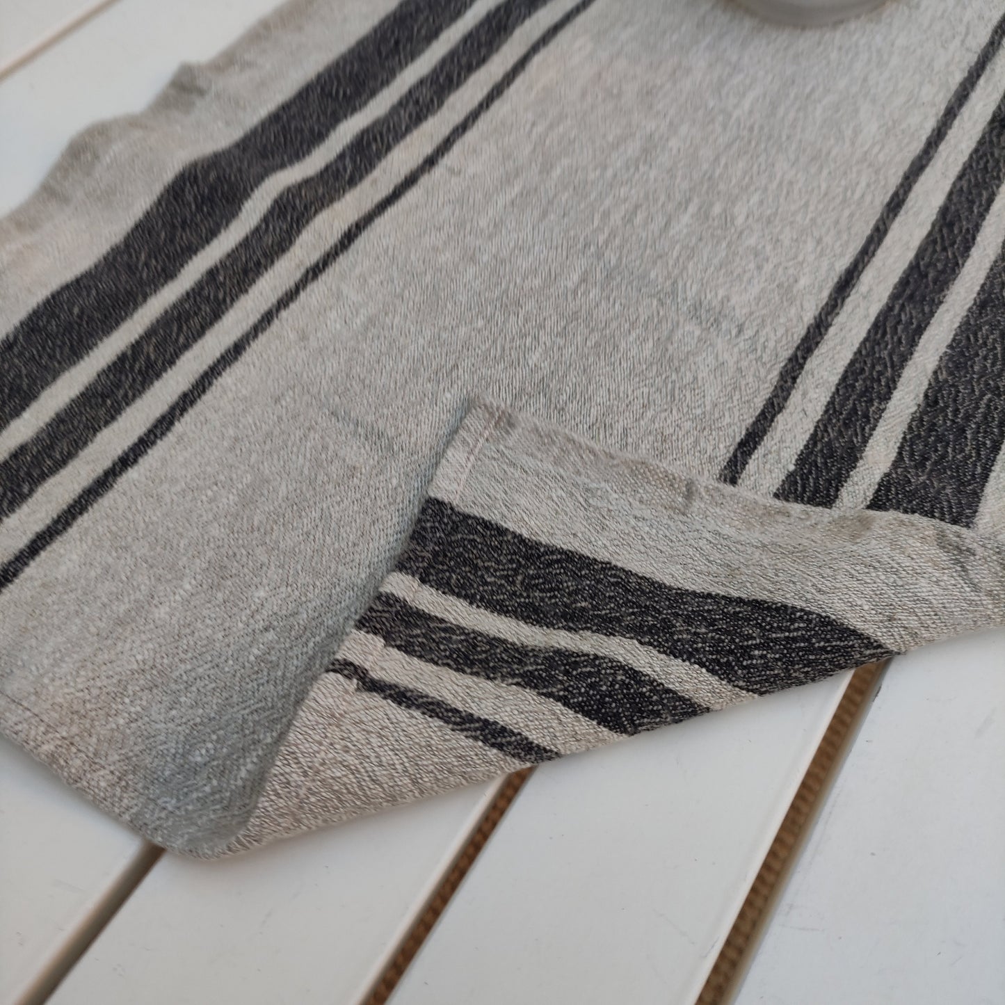 Linen runner - french sack linen. Green natur black striped Rustic linen Cottage farmhouse country style linen. Stonewashed. 100% flax