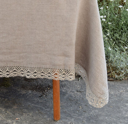 White laced linen tablecloth, 100% Linen tablecloth with LACES Romantic Luxury PREWASHED French table cloth rectangle square oval
