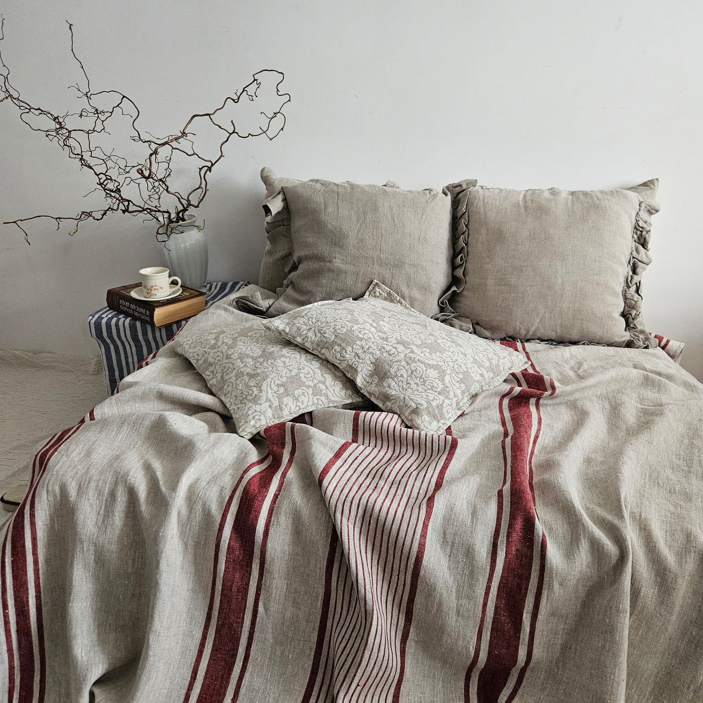 French linen Blanket, flax Bedspread - heavy weight huckaback linen bed cover - provence cottage coutrystyle Throw 100% Linen