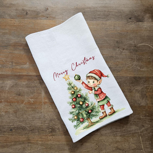 Christmas tree Tea Towel in linen, Holiday decor hand Towels Tea in linen, Christmas elf Dish Towel Kitchen Décor Tea Towel in linen